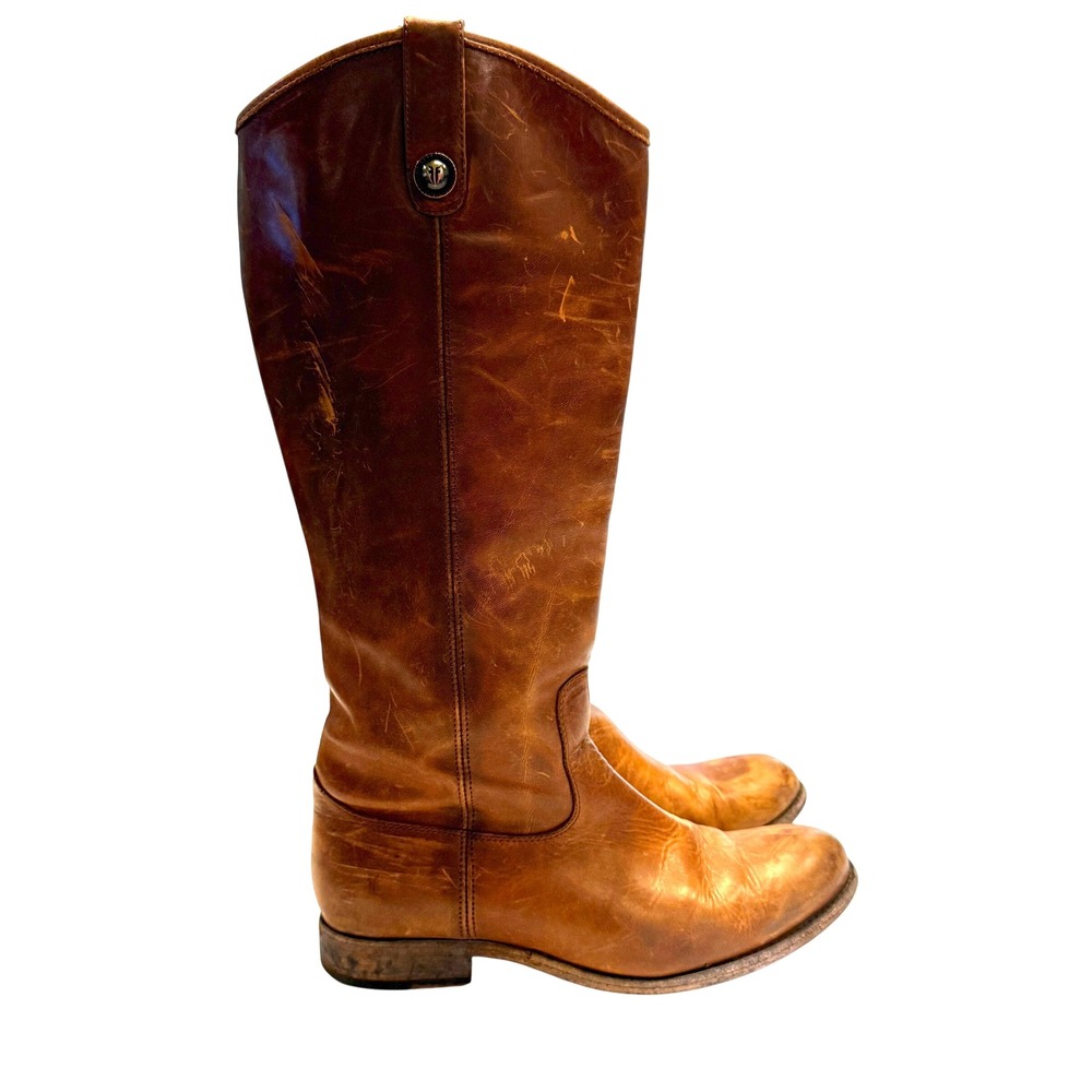 Frye Melissa Button Tall Boots Women 9.5 Cognac Leather Riding Distressed